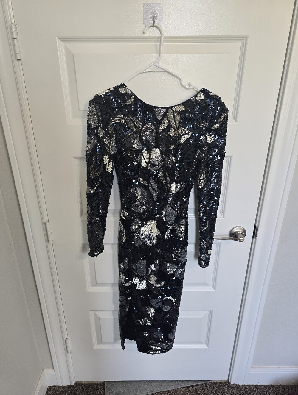 Black and Silver Sequin Long-Sleeve Sheath Dress